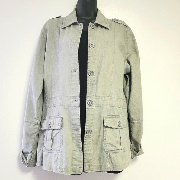 Bill Blass Utility Cargo Sports Jacket, Linen Blend Olive Green Size M - Picture 1 of 6
